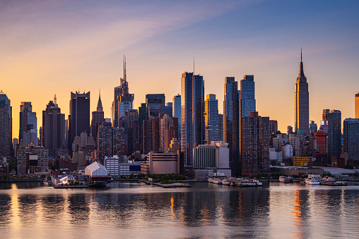 Midtown Manhattan skyline on the Hudson River at sunset, New York City, USA