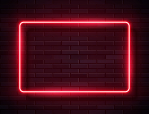 Futuristic Sci Fi Modern Neon Glowing Rectangle Frame for Banner on Dark Empty Grunge Concrete Brick Background. Vector Vintage Red Pink Colored Lights. Retro Neon Sign
