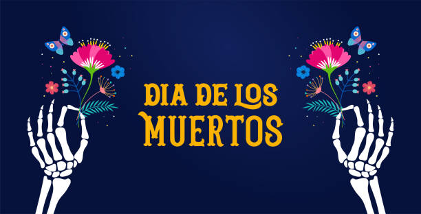 dia de los muertos, dzień zmarłych, meksykańskie święto, festiwal. plakat wektorowy, baner i karta ze szkieletowymi rękami trzymającymi kwiaty, napój koktajlowy - skull tattoo vector flower stock illustrations