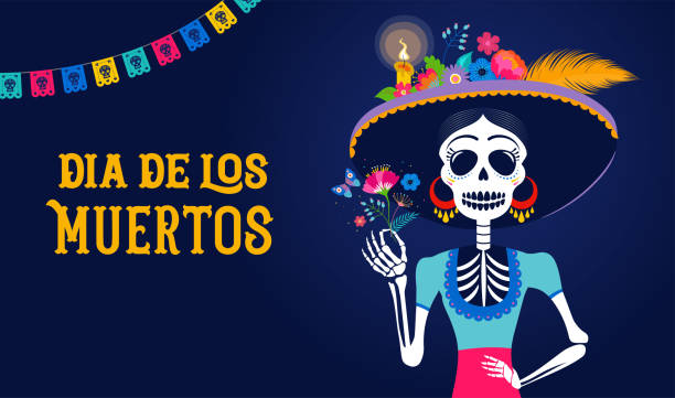 dia de los muertos, dzień zmarłych, meksykańskie święto, festiwal. czaszka kobiety z makijażem catarina z kwiatami korony. plakat, baner i kartka z cukrową czaszką - catrina stock illustrations