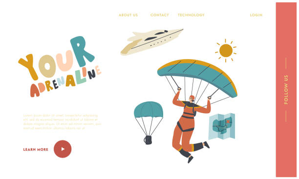 istock Skydiving Parachuting Sport Landing Page Template. Skydiver Jumping with Parachute Soaring in Sky. Parachutist Extreme 1264913422