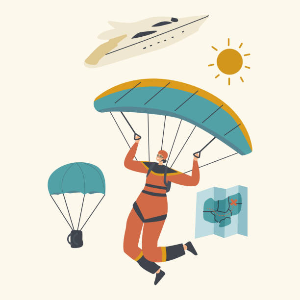 istock Skydiver Character Jumping with Parachute Soaring in Sky. Skydiving Parachuting Sport. Parachutist Flying Through Clouds 1264913433