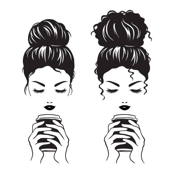 コーヒーカップのシルエットを持つ乱雑なパンを持つ女性 - hair bun illustrations点のイラスト素材／クリップアート素材／マンガ素材／アイコン素材