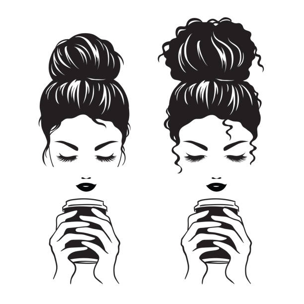 Woman with Messy Bun Holding a To Go Coffee Cup Silhouette Vector illustration of  women with messy bun hairstyle holding to go coffee cup silhouette. hair bun stock illustrations