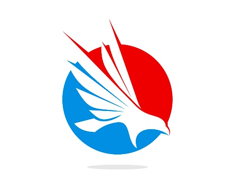 Blue and red circle shape with flying eagle inside