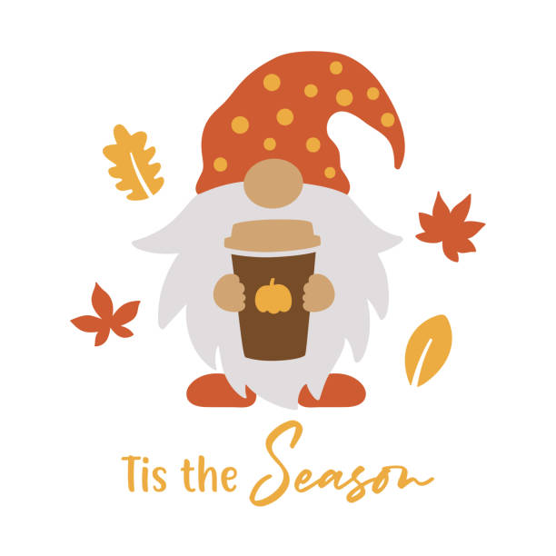 gnome holding pumpkin spice latte coffee cup wektor - pumpkin latté coffee spice stock illustrations