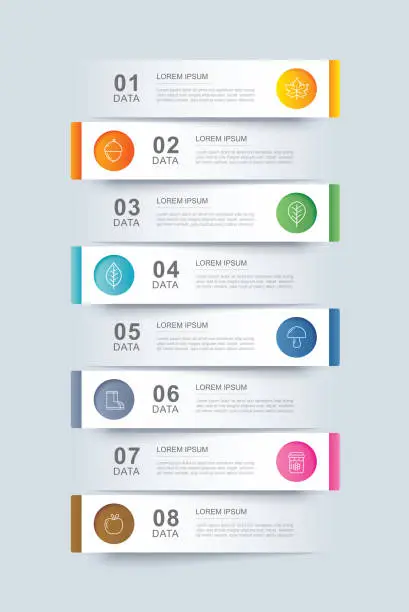 Vector illustration of 8 data infographics tab paper index template. Vector illustration abstract background. Can be used for workflow layout, business step, banner, web design.