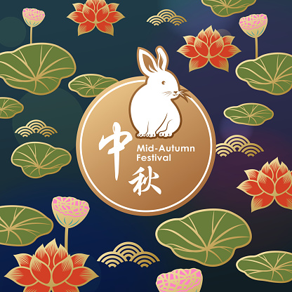 Celebrate the Mid Autumn Festival with rabbit sitting on the background of blooming lotus flowers and leaves, the Chinese words means mid-autumn
