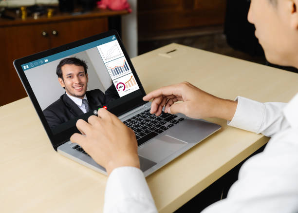 istock Video call business people meeting on virtual workplace or remote office 1264928523