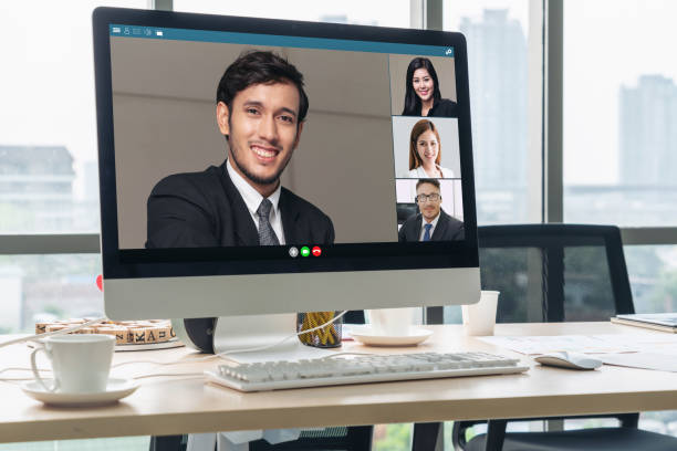 istock Video call business people meeting on virtual workplace or remote office 1264930232