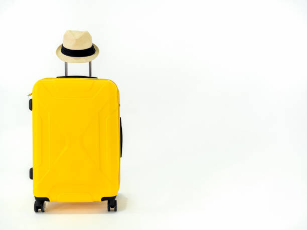 istock Yellow suitcase or yellow luggage for travelling on white background. 1264931809