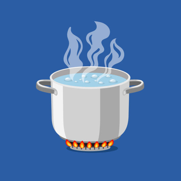 Cartoon pan on fire Pan on fire. Cartoon pot with hot boiling water, vector illustration of cooking object for kitchen on flaming gas isolated on blue background boiling stock illustrations