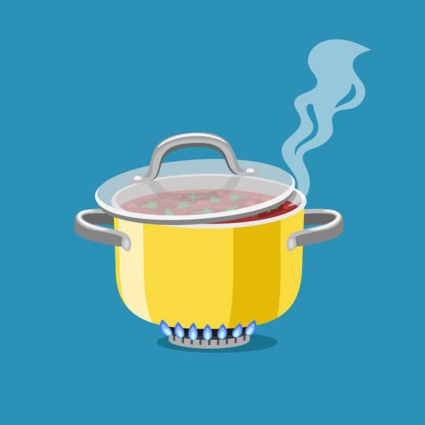 Saucepan on burner Saucepan on burner. Cartoon steel cooking pot with boiling soup, flaming gas burner heats kitchen cookware pan, vector illustration concept of home dinner isolated on blue backgroun open flame stock illustrations