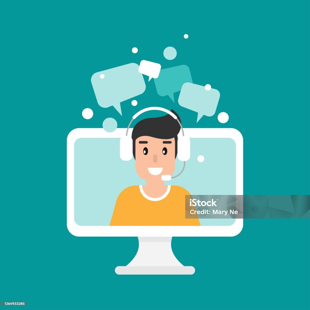 Computer Operator From Screen Man Operator On Computer Screen With Headphones And Microphone Stock ...