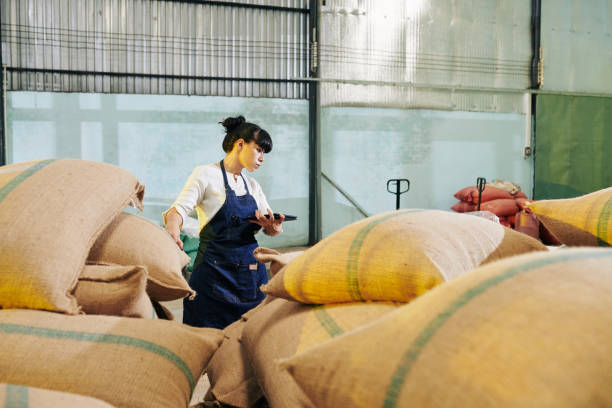 bizneswoman w magazynie - coffee sack bag warehouse zdjęcia i obrazy z banku zdjęć