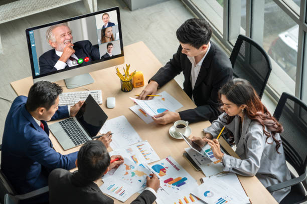 istock Video call group business people meeting on virtual workplace or remote office 1264940966