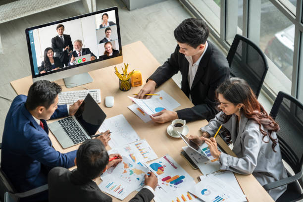 istock Video call group business people meeting on virtual workplace or remote office 1264941001