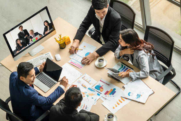 istock Video call group business people meeting on virtual workplace or remote office 1264941132