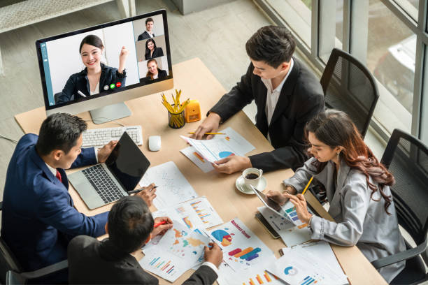 istock Video call group business people meeting on virtual workplace or remote office 1264941676