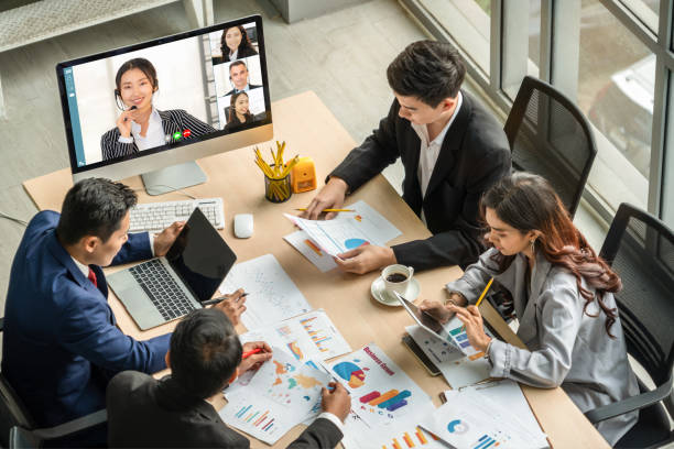 istock Video call group business people meeting on virtual workplace or remote office 1264941763