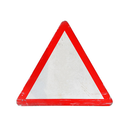 close up triangle shaped metal plate with red frame and white copy space for icon or text