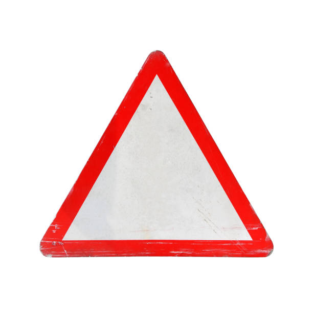 old traffic sign with scratched and stains isolated on white background close up triangle shaped metal plate with red frame and white copy space for icon or text hazard sign stock pictures, royalty-free photos & images