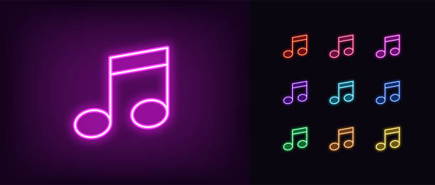 Neon music note icon. Glowing neon note sign, melody Neon music note icon. Glowing neon note sign, melody in vivid colors. Music festival, radio show, musical evening, karaoke, audio record. Icon set, sign, symbol for UI. Vector illustration neon music notes stock illustrations