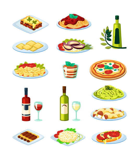 Traditional italian food set. Oysters with sauce white and red aged wine lasagna melted mozzarella cheese freshly baked ravioli and cannelloni margarita pizza tomatoes basil. Vector delightful. Traditional italian food set. Oysters with sauce white and red aged wine lasagna melted mozzarella cheese. delightful stock illustrations