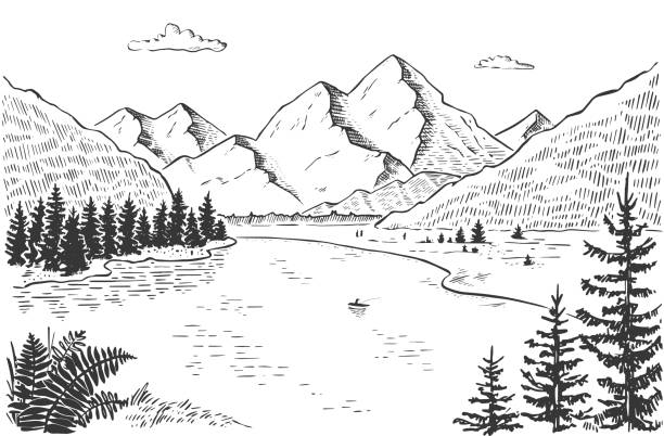 Vector illustration of nature. landscape with mountains, meadows, river and forest. Illustration of tourism and recreation in the wild. hand-drawn sketch, black and white graphics Vector illustration of nature. landscape with mountains, meadows, river and forest. Illustration of tourism and recreation in the wild. hand-drawn sketch, black and white graphics fishing illustrations stock illustrations