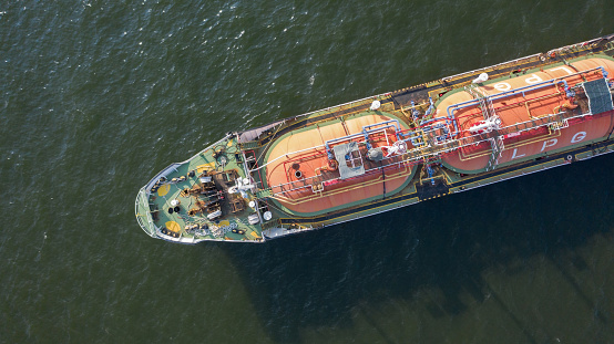 Aerial view of chemical tanker. Aerial view of tanker ship logistic and transportation business oil and gas industry in Istanbul Bosphorus.