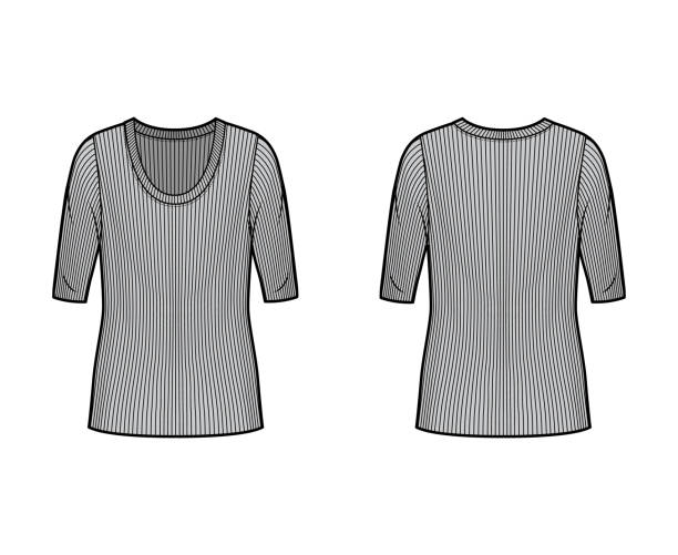 istock Ribbed scoop neck knit sweater technical fashion illustration with elbow sleeves, oversized body, tunic length 1264960947