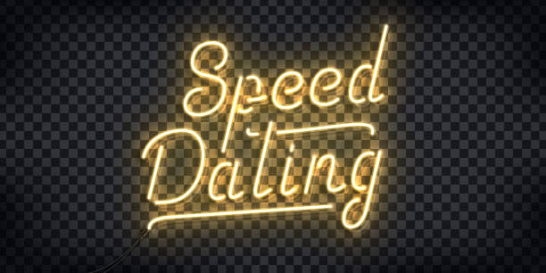 bildbanksillustrationer, clip art samt tecknat material och ikoner med vector realistiska isolerade neon tecken på speed dating logotyp för inbjudan dekoration och mall som täcker på den genomskinliga bakgrunden. - speed dating