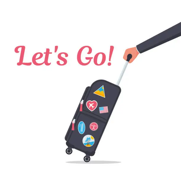 Vector illustration of Let's go. Travel bag in hand. Carrying suitcase.