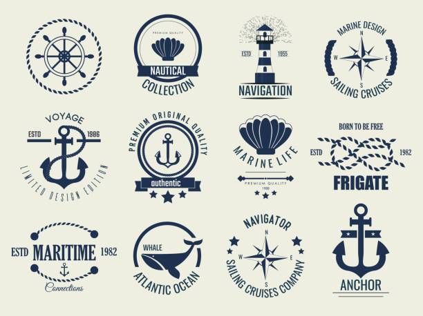 Nautical vintage labels and icons. Nautical vintage labels and icons. Retro anchor label vector illustration. Traditional sailing marine badge. Classic sail maritime navigation antique logo. marine life logo stock illustrations