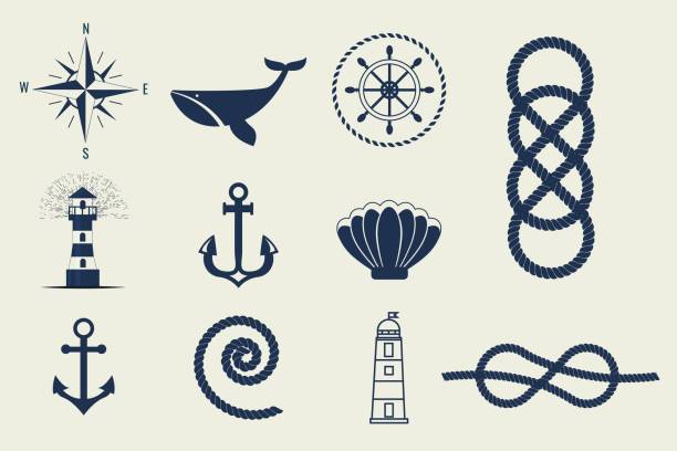 Nautical symbols and icons vector illustration Nautical symbols and icons Retro anchor label vector illustration. Traditional sailing marine badge. Classic sail maritime navigation antique logo. knotted wood stock illustrations