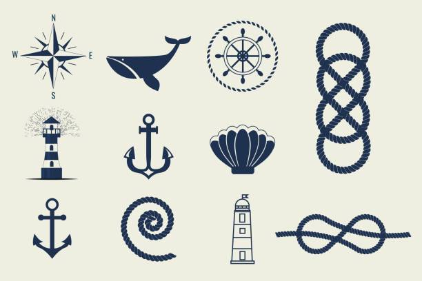 Nautical symbols and icons vector illustration Nautical symbols and icons Retro anchor label vector illustration. Traditional sailing marine badge. Classic sail maritime navigation antique logo. tied knot stock illustrations
