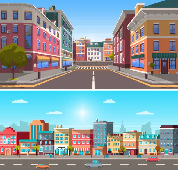 Vector illustration of City Infrastructure, Street with Buildings and Car