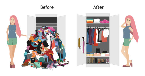 ilustrações de stock, clip art, desenhos animados e ícones de untidy and after tidy wardrobe with a girl. a lot of cheap, unfashionable, old messy clothes thrown out of closet and nicely arranged clothes in piles and boxes after the organization - pilha roupa velha
