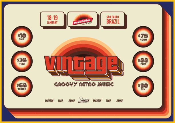 Bright orange, red, yellow and brown retro flyer or poster template for music events on blue background.