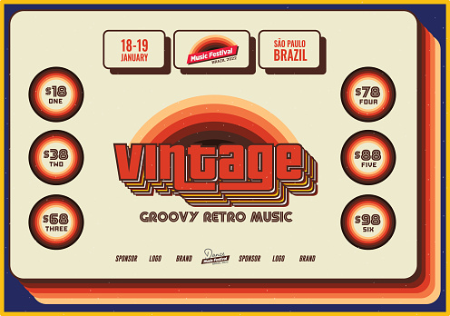 Bright orange, red, yellow and brown retro flyer or poster template for music events on blue background.