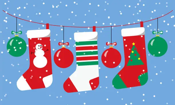 Vector illustration of Christmas socks and balls red and green hang on a garland with snow fall.  Horizontal design for New Year cards banners social media template. Stock vector flat illustration.