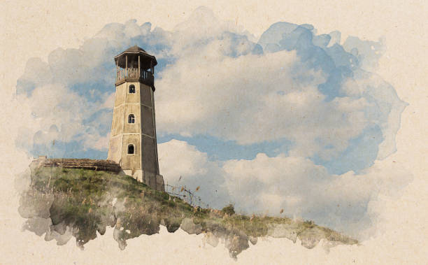 istock Digitally created watercolor painting lighthouse and blue sky 1264964739
