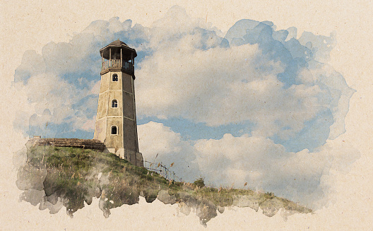Digitally created watercolor painting lighthouse and blue sky