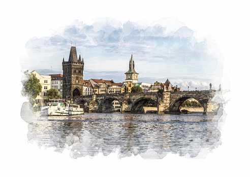 Digital watercolor, view of Prague and Charles Bridge