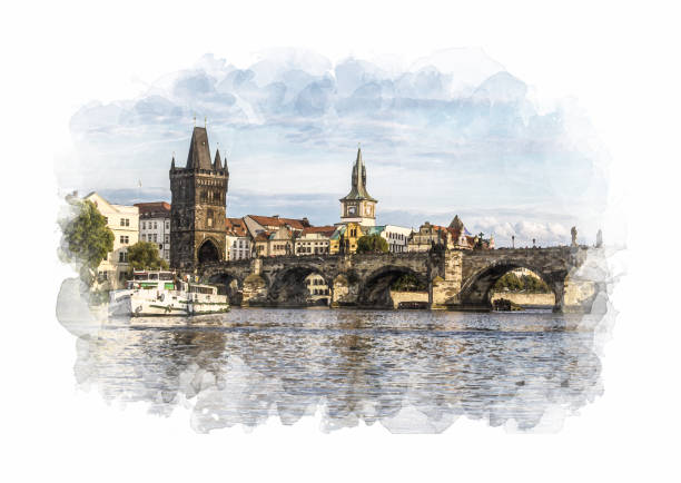 Digital watercolor, view of Prague and Charles Bridge stock photo