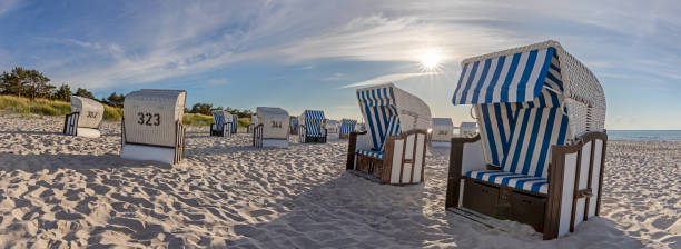 istock Canopied beach chairs at beach near Prerow (Darß Peninsula, Germany) in evening light 1264965980