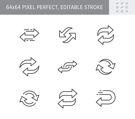 Reverse line icons. Vector illustration included icon as swap, flip, currency exchange, switch, repeat replace outline pictogram of two circle arrows. 64x64 Pixel Perfect Editable Stroke.