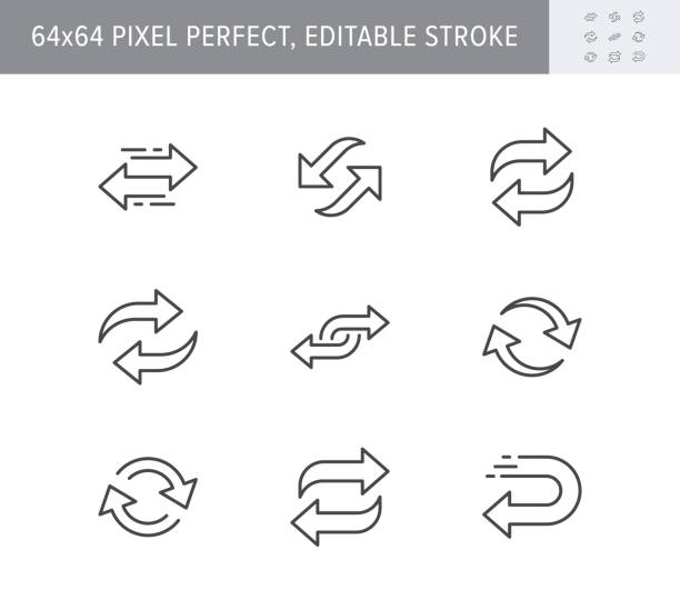 Reverse line icons. Vector illustration included icon as swap, flip, currency exchange, switch, repeat replace outline pictogram of two circle arrows. 64x64 Pixel Perfect Editable Stroke Reverse line icons. Vector illustration included icon as swap, flip, currency exchange, switch, repeat replace outline pictogram of two circle arrows. 64x64 Pixel Perfect Editable Stroke. turning illustrations stock illustrations