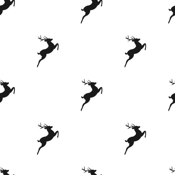 illustrations, cliparts, dessins animés et icônes de motif de chasse sans couture avec la silhouette noire de cerfs sautants avec des bois. - moose animal head hunting humor