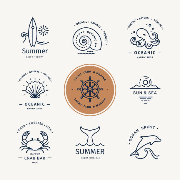 sualtı yaşam logosunun modern vektör illüstrasyonu. deniz canlıları ve sembolleri ile düz simgeler - popo tokatlamak stock illustrations